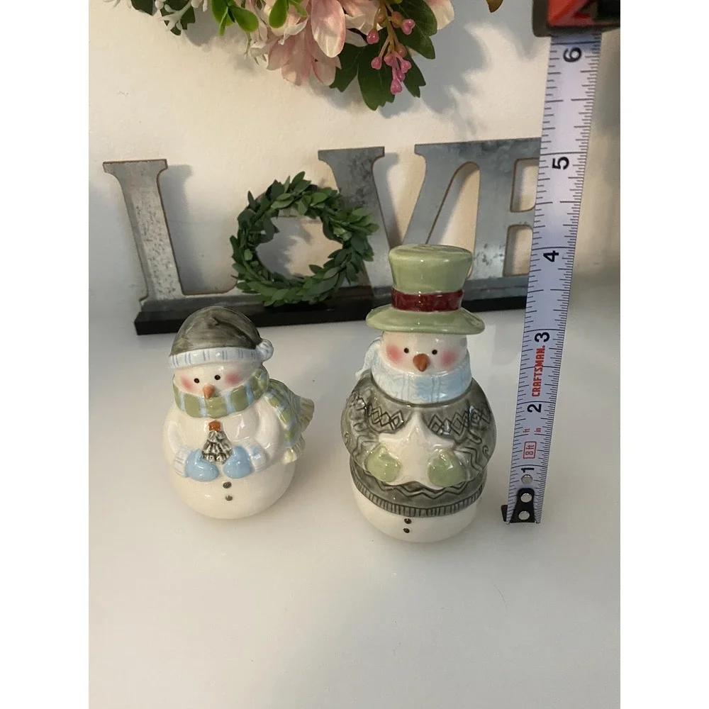 Snowman Salt Pepper Shaker with Caddy 3 pc Set 5.5